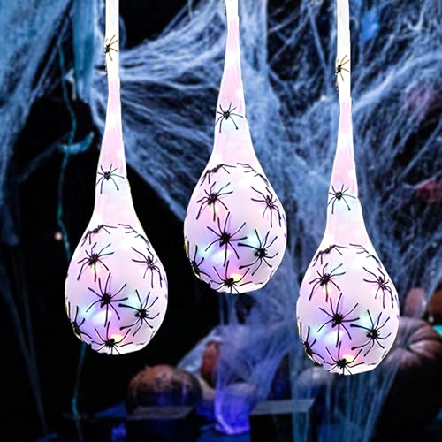 3Stück Halloween Deko Spinnen, Halloween Leuchtende Spinnen Eiersäcke Dekoration mit LED Lichtern, Hängende Spinnen Eiersäcke Dekorationen für Vorgarten Terrasse Rasen Garten Partydekor (Bunt) von Chaohua