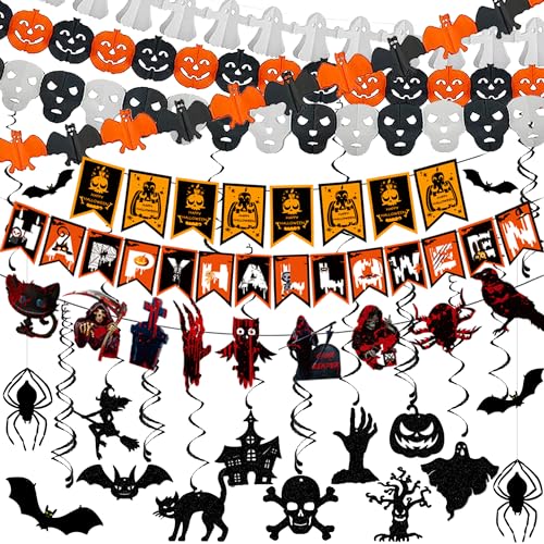 Halloween Deko 35 pcs Premium Wiederverwendbare Halloween Deko Innen Wirbel Decken Hängedekoration mit Fledermaus Spinne Hängedekoration, Kürbis, Geister, Banner Partydekorationen von Chaohua