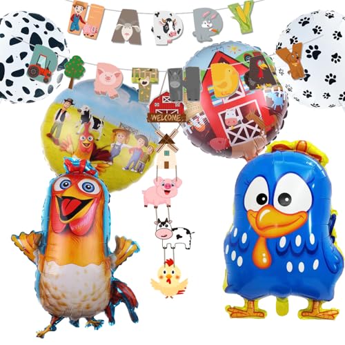 Luftballons Bauernhof Geburtstag Deko, 6 StüCk Bauernhof Luftballons Tiere Kit+ Happy Birthday Banner Bauernhof Deko, Kindergeburtstag Tier Folienballon Set von Chaopisz