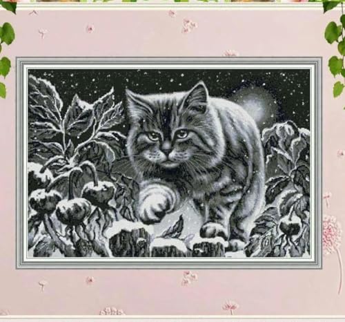 Chaozhirui Stickset Kreuzstich Kreuzstich 11CT Kreuzstichset Schwarze Katze in verschneiter Nacht, Stickset DIY Anfänger Fortgeschrittene-40x50cm von Chaozhirui