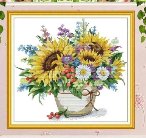 Chaozhirui Stickset Kreuzstich Kreuzstich 11CT Kreuzstichset Sonnenblumen-Gänseblümchen-Vase Muster, Stickset DIY Anfänger Fortgeschrittene-40x50cm von Chaozhirui