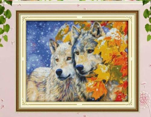 Chaozhirui Stickset Kreuzstich Kreuzstich 11CT Kreuzstichset Wolf unter dem Ahornbaum, Stickset DIY Anfänger Fortgeschrittene-40x50cm von Chaozhirui