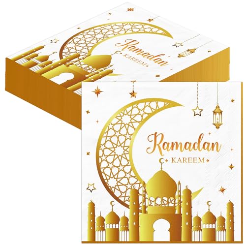 CharmBurst 40 Stück Ramadan Servietten, Eid Mubarak Ramadan Deko, Gold Weiße Servietten für Ramadan Tischdeko, Eid Mubarak Streudeko, Ramadan Kareem Servietten von CharmBurst