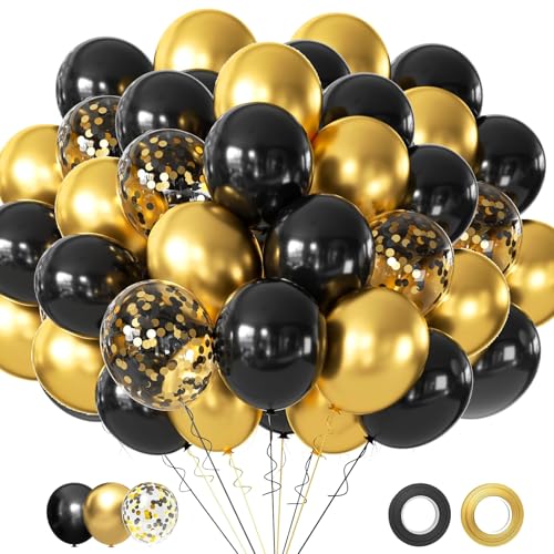 CharmBurst 60 Stück Luftballons Schwarz Gold Mit Band, 2024 Ballon Schwarz Luftballons Gold Latex Ballons mit Schwarz Gold Konfetti,Schwarze Luftballons Hajj Mubarak Deko Hajj Dekorationen von CharmBurst