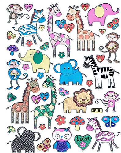 Tiere Büffel Geier Kamel Hippo Nilpferd Elefant Giraffe Aufkleber 42-teilig 1 Blatt 135 mm x 100 mm Sticker Basteln Kinder Party Metallic-Look von Charo