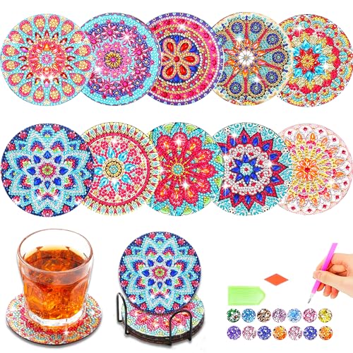 CharySim Diamond Painting Untersetzer Erwachsene Mandala Bastelset Kinder Bastelset Mädchen 6 7 8 9 10 Jahre Diamant Painting Untersetzer mit halter Weihnachten Geschenk Adventskalender (Coasters set) von CharySim