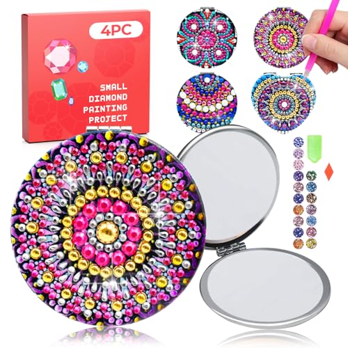 CharySim Diamond Painting Taschenspiegel Dimond Painting Kinder Erwachsene Basteln Kits Reisespiegel Bastelset Mädchen 7 8 9 10 11 jahre geschenk Diamant Malerei Mandala 4PC von CharySim