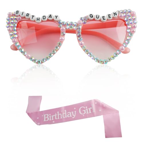 ChauLanBow Geburtstag Brille, Rosa Herz Sonnenbrille, Königin der Herzen Rosa Brille, Geburtstag Queen, Party Brille, Geburtstag Schärpe, Happy Birthday Dekorationen Zubehör für Frauen Mädchen von ChauLanBow