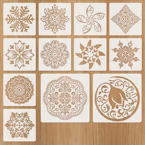 Mandala Schablone, 12 Stück Schablonen Wandgestaltung, Malschablonen Erwachsene, Wiederverwendbare Muster Wandschablone, DIY Stencil Schablonen Kind,13cmX13cm von ChauLanBow