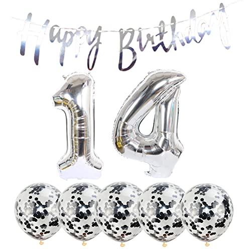 14 Geburtstag Dekoration Happy Birthday Banner Luftballons 14 Jahre alt Geburtstag Party Supplies Helium Ballons Nummer 14 Ballons Latex Ballon Folienballon, 14 Silber Geburtstag Party Dekoration von Chaungfu