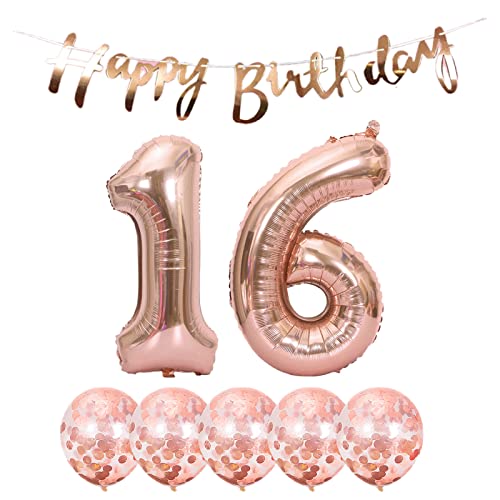 2 Luftballons Zahl 16 Rosegold +5 Konfetti Luftballons+Rosegold banner Folienballon 16.Geburtstags deko Männer frauen 16 Jahr Geburtstags deko Zahlenballon 16 Luftballons 16 Geburtstags Mann frau von Chaungfu