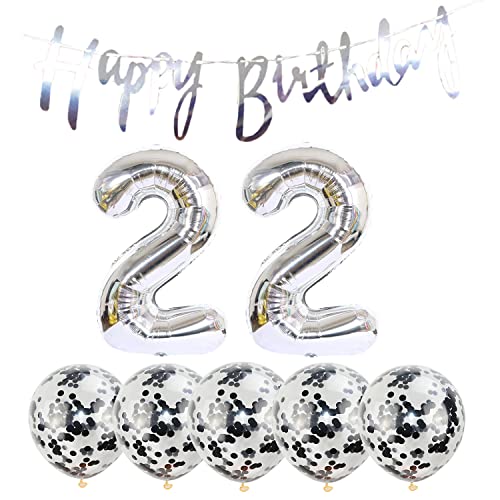 2 Luftballons Zahl 22 silber+5 Konfetti Luftballons+silber banner Folienballon 22.Geburtstags deko Männer frauen 22 Jahr Geburtstags deko Zahlenballon 22 Luftballons 22 Geburtstags Mann frau von Chaungfu