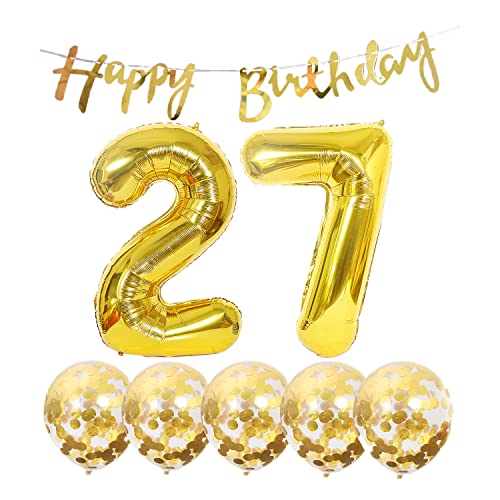 2 Luftballons Zahl 27 Gold+5 Konfetti Luftballons+gold banner Folienballon 27.Geburtstags deko Männer frauen 27 Jahr Geburtstags deko Zahlenballon 27 Luftballons 27 Geburtstags Mann frau von Chaungfu