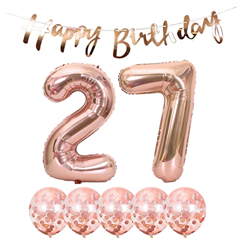 2 Luftballons Zahl 27 Rosegold +5 Konfetti Luftballons+Rosegold banner Folienballon 27.Geburtstags deko Männer frauen 27 Jahr Geburtstags deko Zahlenballon 27 Luftballons 27 Geburtstags Mann frau von Chaungfu