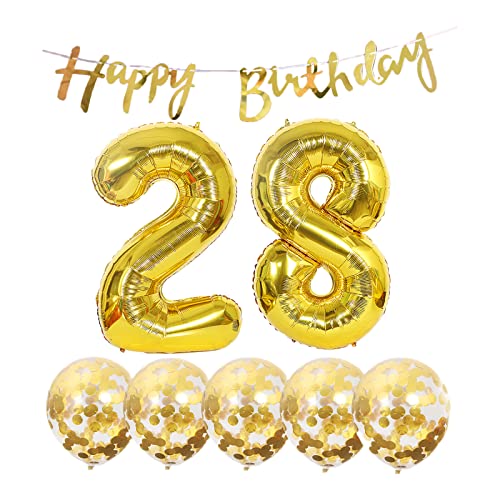 2 Luftballons Zahl 28 Gold+5 Konfetti Luftballons+gold banner Folienballon 28.Geburtstags deko Männer frauen 28 Jahr Geburtstags deko Zahlenballon 28 Luftballons 28 Geburtstags Mann frau von Chaungfu