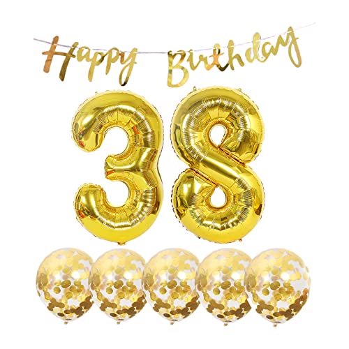 2 Luftballons Zahl 38 Gold+5 Konfetti Luftballons+gold banner Folienballon 38.Geburtstags deko Männer frauen 38 Jahr Geburtstags deko Zahlenballon 38 Luftballons 38 Geburtstags Mann frau von Chaungfu