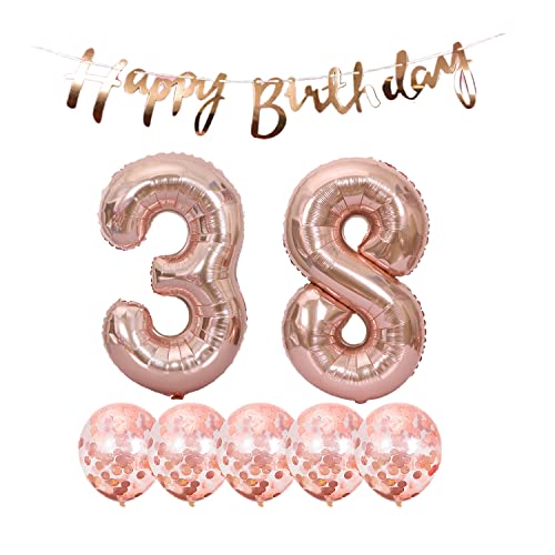 2 Luftballons Zahl 38 Rosegold +5 Konfetti Luftballons+Rosegold banner Folienballon 38.Geburtstags deko Männer frauen 38 Jahr Geburtstags deko Zahlenballon 38 Luftballons 38 Geburtstags Mann frau von Chaungfu