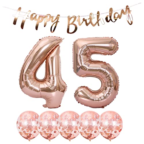 2 Luftballons Zahl 45 Rosegold +5 Konfetti Luftballons+Rosegold banner Folienballon 45.Geburtstags deko Männer frauen 45 Jahr Geburtstags deko Zahlenballon 45 Luftballons 45 Geburtstags Mann frau von Chaungfu