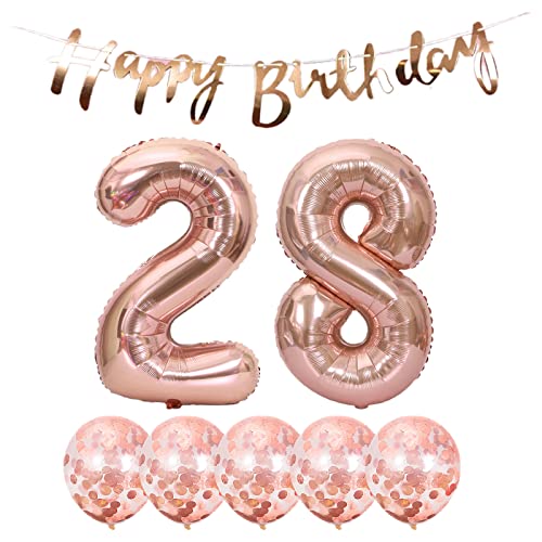 Chaungfu 2 Luftballons Zahl 28 Rosegold +5 Konfetti Luftballons+Rosegold banner Folienballon 28.Geburtstags deko Männer frauen Jahr Geburtstags Zahlenballon Mann frau von Chaungfu