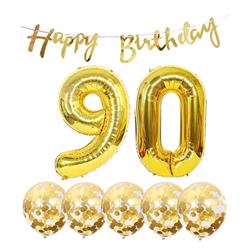 Chaungfu 2 Luftballons Zahl 90 Gold+5 Konfetti Luftballons+gold banner Folienballon 90.Geburtstags deko Männer frauen 90 Jahr Geburtstags deko Zahlenballon 90 Luftballons 90 Geburtstags Mann frau von Chaungfu