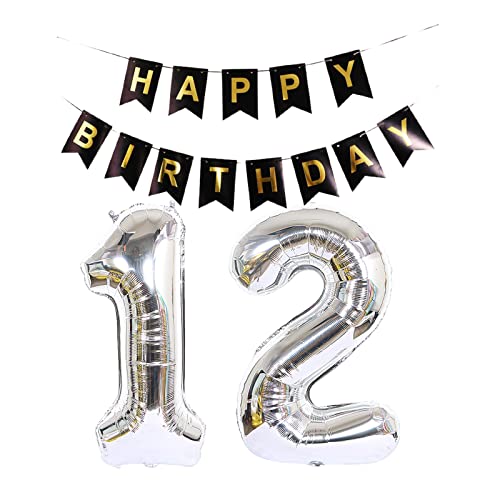 Luftballon 12. Geburtstag Silber, Geburtstagsdeko 12 Jahr, Ballon 12. Geburtstag, Riesen Folienballon Zahl 12, Happy Birthday Folienballon 12, Happy Birthday Banner für Mädchen und Jungen，XXL von Chaungfu