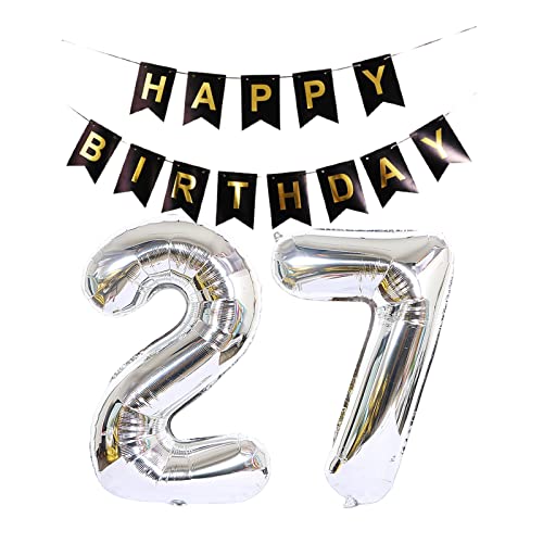 Luftballon 27. Geburtstag Silber, Geburtstagsdeko 27 Jahr, Ballon 27. Geburtstag, Riesen Folienballon Zahl 27, Happy Birthday Folienballon 27, Happy Birthday Banner für Mädchen und Jungen，XXL von Chaungfu