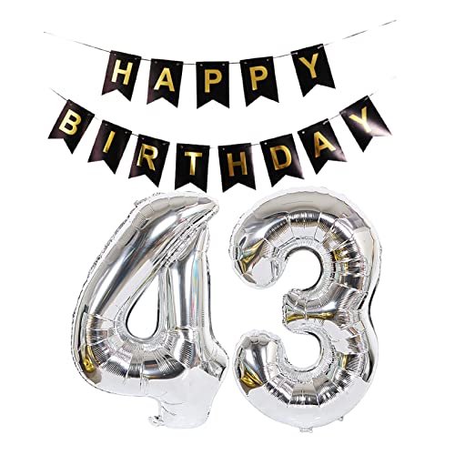 Luftballon 43. Geburtstag Silber, Geburtstagsdeko 43 Jahr, Ballon 43. Geburtstag, Riesen Folienballon Zahl 43, Happy Birthday Folienballon 43, Happy Birthday Banner für Mädchen und Jungen，XXL von Chaungfu