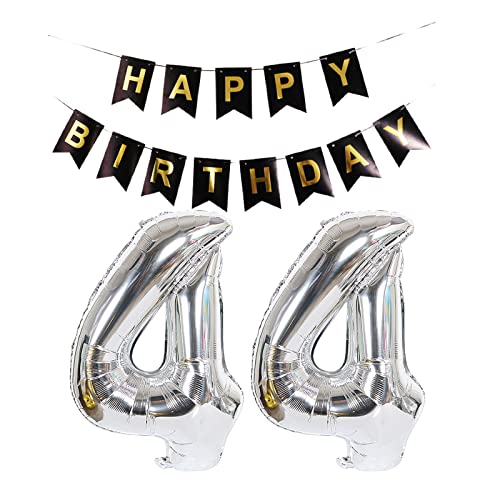 Luftballon 44. Geburtstag Silber, Geburtstagsdeko 44 Jahr, Ballon 44. Geburtstag, Riesen Folienballon Zahl 44, Happy Birthday Folienballon 44, Happy Birthday Banner für Mädchen und Jungen，XXL von Chaungfu