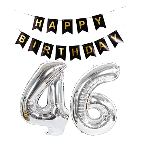Luftballon 46. Geburtstag Silber, Geburtstagsdeko 46 Jahr, Ballon 46. Geburtstag, Riesen Folienballon Zahl 46, Happy Birthday Folienballon 46, Happy Birthday Banner für Mädchen und Jungen，XXL von Chaungfu