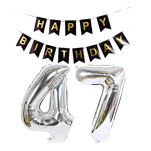 Luftballon 47. Geburtstag Silber, Geburtstagsdeko 47 Jahr, Ballon 47. Geburtstag, Riesen Folienballon Zahl 47, Happy Birthday Folienballon 47, Happy Birthday Banner für Mädchen und Jungen，XXL von Chaungfu