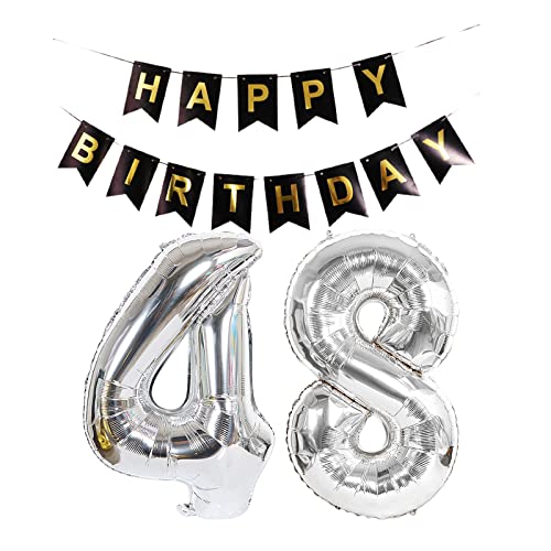 Luftballon 48. Geburtstag Silber, Geburtstagsdeko 48 Jahr, Ballon 48. Geburtstag, Riesen Folienballon Zahl 48, Happy Birthday Folienballon 48, Happy Birthday Banner für Mädchen und Jungen，XXL von Chaungfu