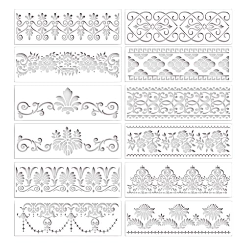 Chavisenty 12 StüCk Blumenrand-Schablonen, Mandala-Schablonen, Wiederverwendbare Schnitt-Malvorlagen für DIY-Bastelschablonen, 12 X 3,9 von Chavisenty