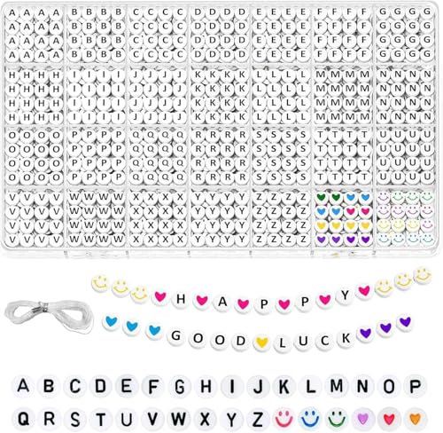 1400pcs Alphabet Perlen Kit, 4*7mm A-Z Buchstabenperlen und Bunte Smiley Herz, Armbänder Selber Machen, Buchstaben Perlen zum Auffädeln und für Halsketten Schmuck DIY Crafts, Geschenk für Mädchen(7mm) von Chedin