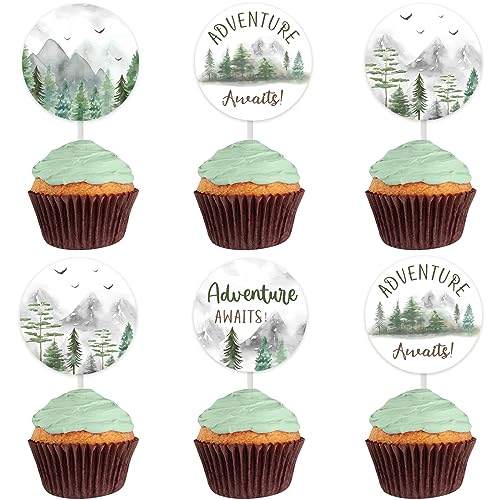 Abenteuer wartet auf Babyparty-Dekorationen, 12-teilige Cupcake-Topper Berg-Babyparty-Kuchen-Cupcake-Picks Lassen Sie das Abenteuer beginnen/Bon Voyage/Ruhestandsparty-Zubehör von Cheereveal