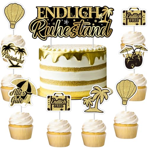 Cheereveal 13 Stück Ruhestand Cake Deko, Schwarzes Gold Endlich Ruhestand Cake Topper, Feierabend Alles Gute Cupcake Toppers, Ruhestand Thematische Party Dekorationen Zubehör für Männer Frauen von Cheereveal