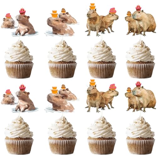 Cheereveal 24Pcs Capybara Cupcake Topper, Capybara Geburtstag Baby Dusche Cupcake Picks Tiere Kuchen Dekorationen, Capy Thema Party Kuchen Zubehör von Cheereveal