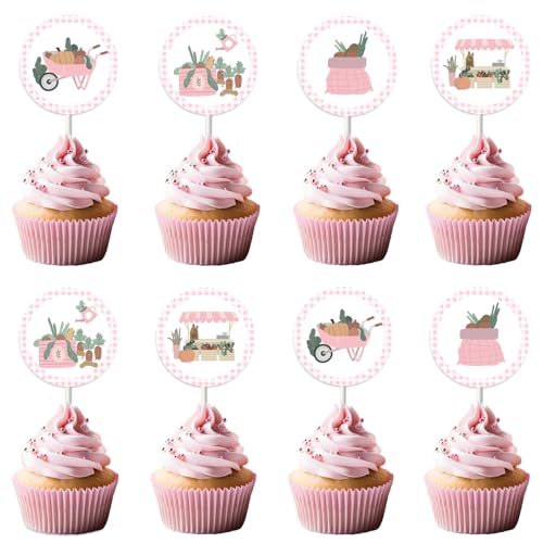 Cheereveal 24pcs Rosa Bauernmarkt Thema Cupcake Topper, lokal angebaute Kuchen Picks für Mädchen Baby Shower Geburtstag Party Dekorationen Lieferungen von Cheereveal