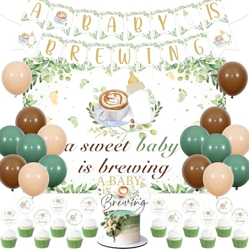 Cheereveal Babyparty-Dekorationsset mit Kaffee-Thema, "A Baby is Brewing", Banner Hintergrund, Luftballons und Kuchenaufsätze, Kaffee-Baby, Gender Reveal, Partyzubehör von Cheereveal