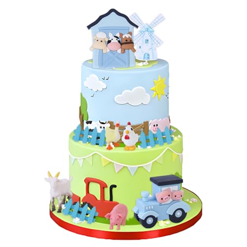 Cheereveal Bauernhoftier-Kuchenfiguren Dekorationen für Jungen – Bauernhoftier Ente Schwein Huhn Lamm Windrad Traktoren Kuchen Cupcake Topper, Blau Bauernhof Tier Thema Geburtstagsparty Babyparty Foto von Cheereveal