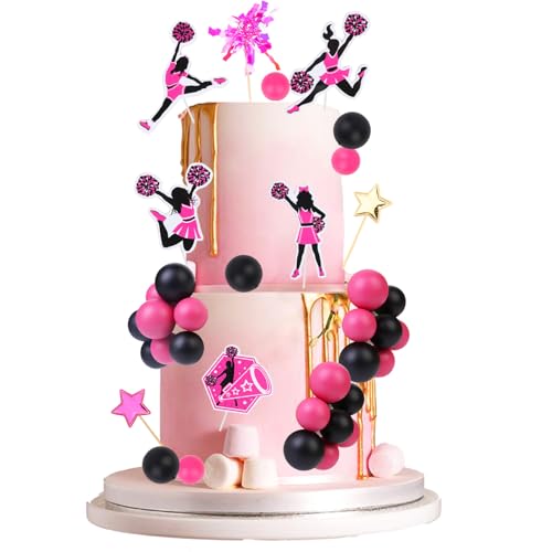 Cheereveal Cheerleader Kuchen Dekorationen - Gymnastik Kuchen Cupcake Toppers Schwarz Rosa Ball Dessert Picks, Sport Thema Geburtstag Party Baby Shower Geschlecht Enthüllung Feier Foto Requisiten von Cheereveal