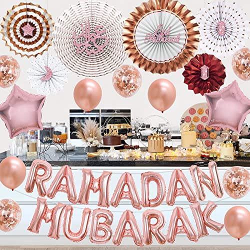 Cheereveal Eid Mubarak Dekorationen Set, Roségold Ramadan Mubarak Dekoration mit Stern Mond Folienballons, Eid Mubarak Papierfächer für Zuhause Ramadan Party, muslimische Urlaub Party Supplies von Cheereveal