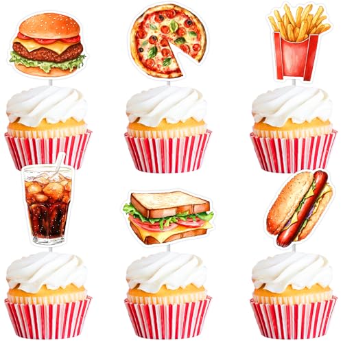 Cheereveal Fast Food Party Dekorationen, 36pcs Fast Food Cupcake Topper, Pommes Frites Pizza Kuchen Dekorationen, Junk Food Thema Geburtstag Baby Shower Karneval Party Zubehör von Cheereveal