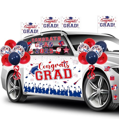 Cheereveal Graduation Parade Auto Dekorationen, Rot und Blau Klasse von 2025 Congrats Grad Auto Banner Graduation Flaggen Latex Ballon Auto Aufkleber für High School College Graduation Party Supplies von Cheereveal