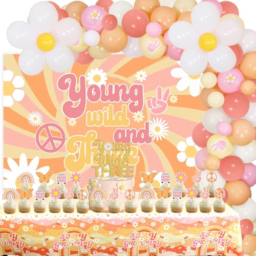 Cheereveal Groovy 3rd Birthday Decorations for Girls, Three Groovy Birthday Balloon Garland Kit, Young Wild and Three Backdrop, Retro Boho Balloons, Tablecloth, Daisy Flower Birthday Party Supplies von Cheereveal