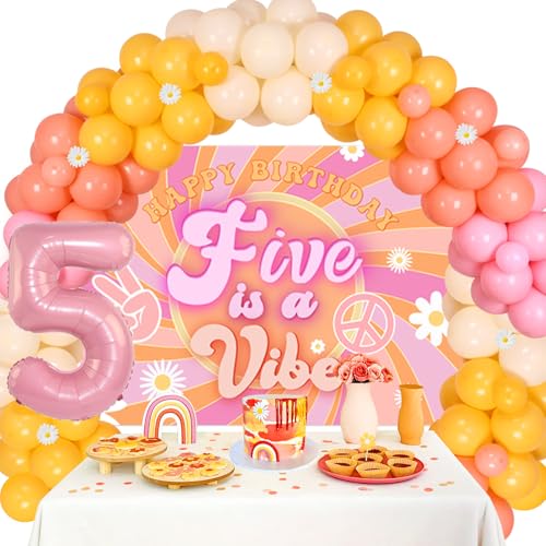 Cheereveal Groovy 5th Birthday Decorations for Girls, Five is a Vibe Balloon Arch Garland Kit, Number 5 Foil Balloon, Five is a Vibe Backdrop, Hippie Retro Disco 5 Years Old Birthday Party Supplies von Cheereveal