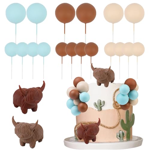 Cheereveal Highland Cow Kuchendekorationen für Jungen – Blaue Hochlandkuh Thema Kuchen Figuren Toppers Ball Dessert Picks, Highland Theme Baby Shower Geburtstag Party Feier Foto Requisiten von Cheereveal