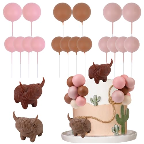 Cheereveal Highland Cow Kuchendekorationen für Mädchen – Rosa Hochlandkuh Thema Kuchen Figuren Toppers Ball Dessert Picks, Highland Theme Baby Shower Geburtstag Party Feier Foto Requisiten von Cheereveal