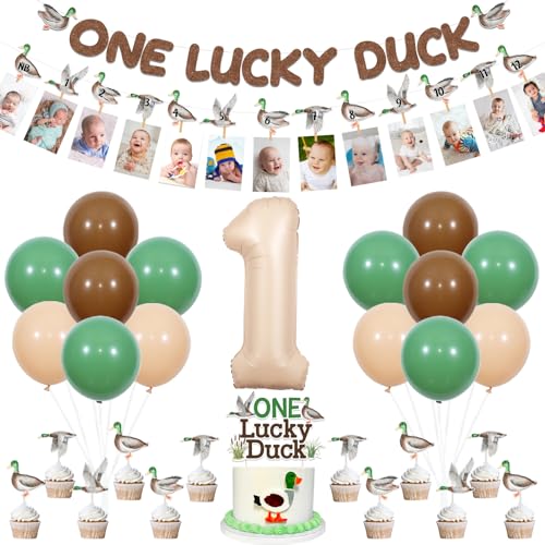 Cheereveal One Luck Duck 1. Geburtstag Dekorationen - Stockente Ente Ammer Girlande Foto Banner Kuchen Cupcake Topper Nummer 1 Folienballons, Entenjagd Thema Geburtstagsfeier Zubehör von Cheereveal