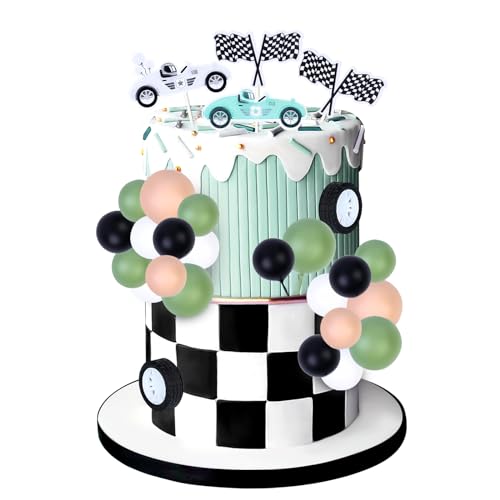 Cheereveal Rennwagen Geburtstag Kuchen Dekorationen für Jungen - Rennwagen Thema Kuchen Topper Rad Ball Dessert Picks, Vintage Rennwagen Thema Geburtstag Babyparty Party Supplies von Cheereveal