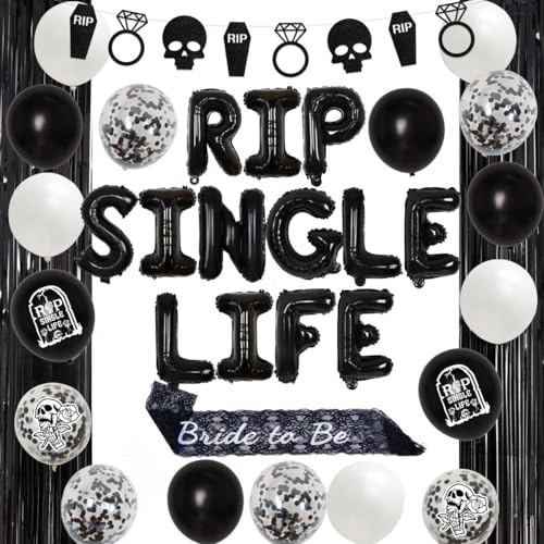 Cheereveal Rip Single Life Junggesellinnenabschied Dekorationen, Gothic Bachelorette Ballon, Bride to Be Schärpe, schwarze Folienfransen, Ring Schädel Sarg Glitzer Banner, Verlobung Hochzeit Party von Cheereveal